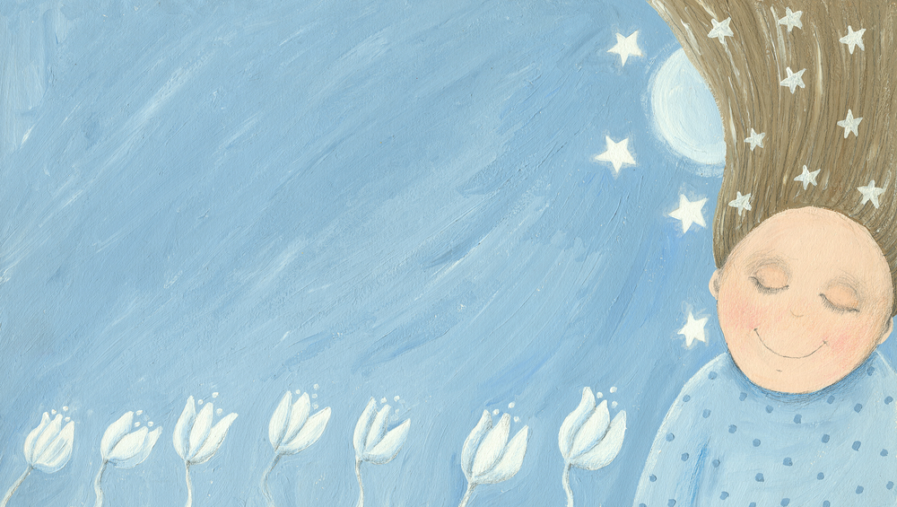 Painted blue sky with white flowers, stars and a sleeping figure
